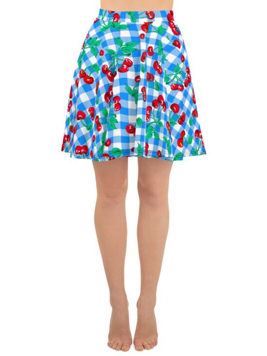 Frenchie Beach Coverup Swim Skater Skirt in Blue Gingham Cherry Girl | Pinup Couture Swim