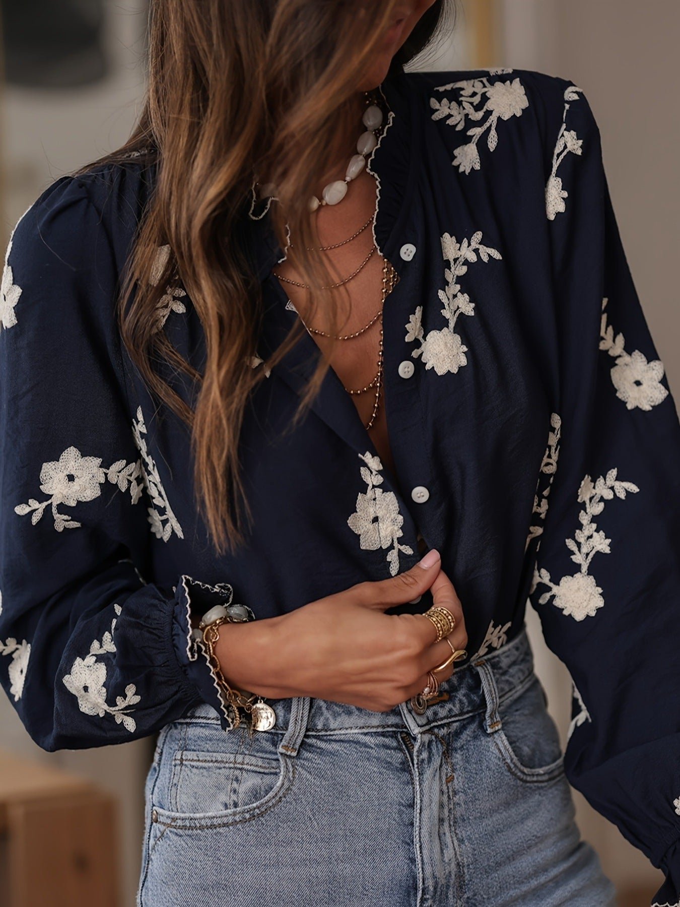 Floral Embroidered Ruffle-Cuff Blouse | 2 Colors | Poundton - Image 7