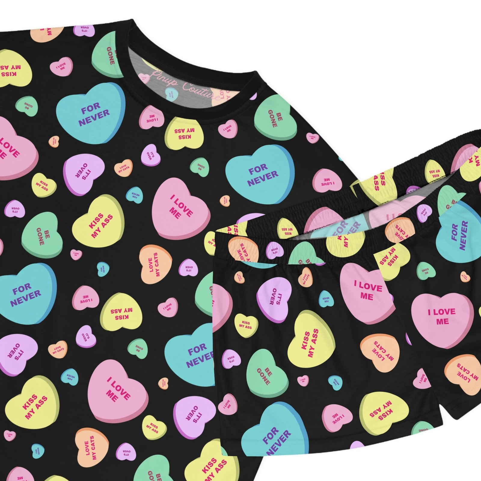 TGIF Sleepover PJs in Black Bitter Candy Hearts Tee & Pajama Shorts-Set | Pinup Couture Relaxed - Image 3