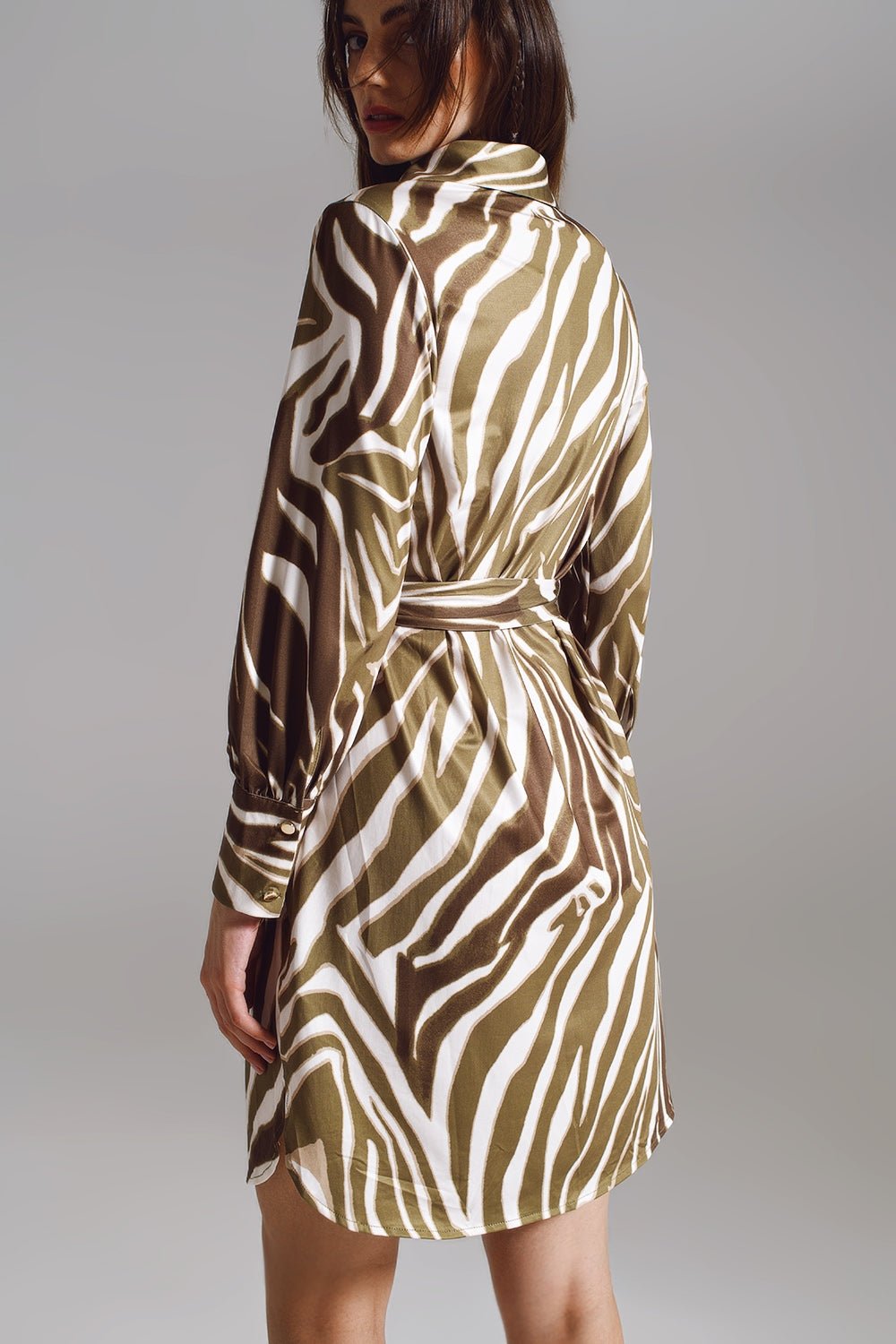 Safari 60s Mini Shirt Dress in White and Olive Green Zebra Print | Q2 - Image 2