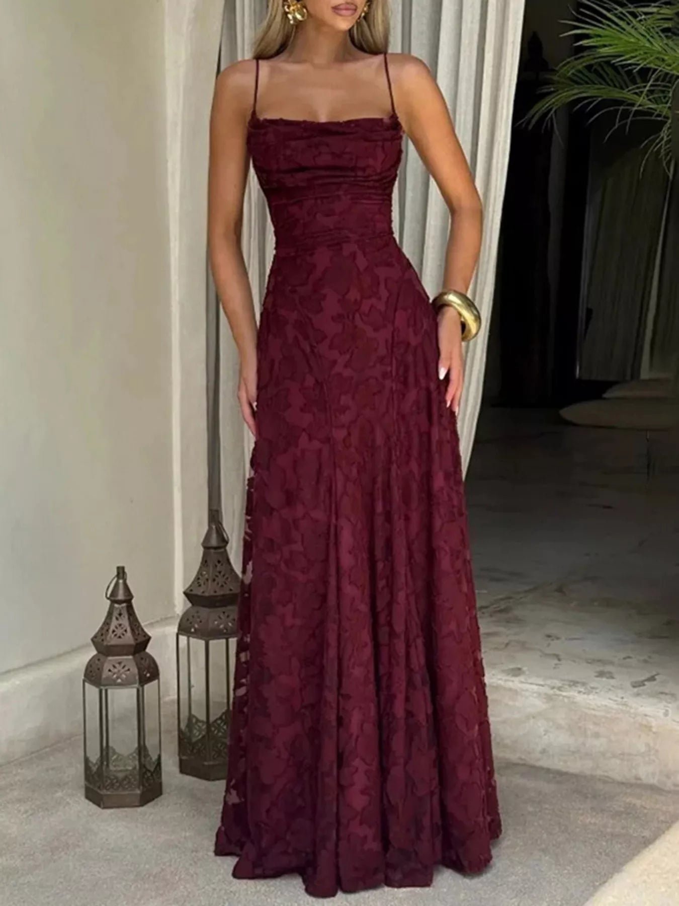 Floral Lace Spaghetti Strap Evening Maxi Dress | 3 Colors | Poundton
