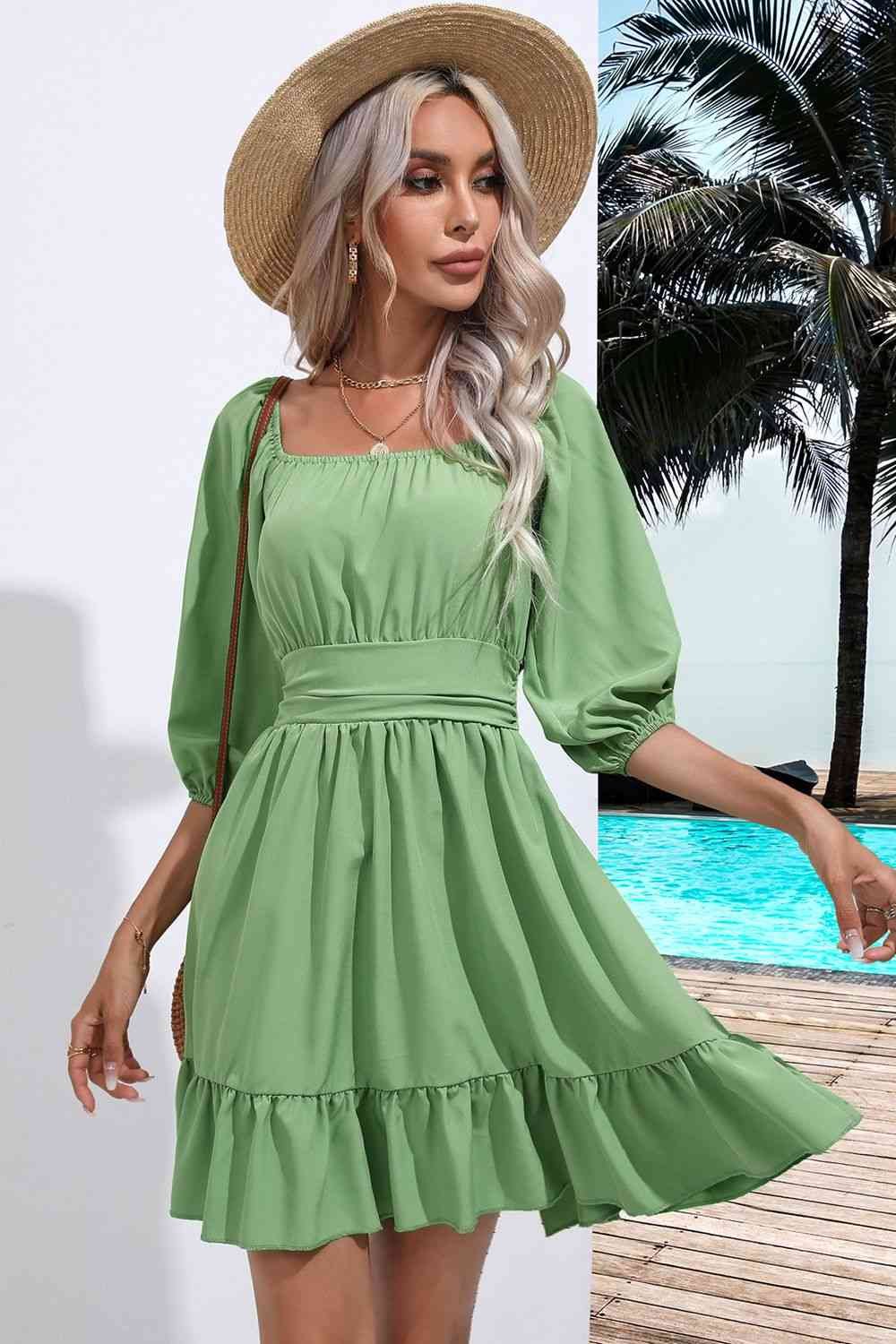 Sofia Square Neck Tie Back Ruffle Hem Mini Peasant Dress | 5 Colors | Poundton - Image 4