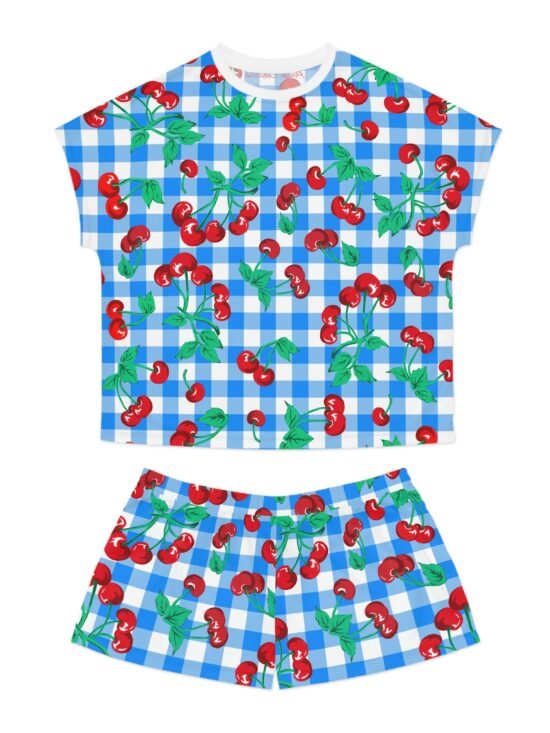 TGIF Sleepover PJs in Blue & White Gingham Cherry Girl Tee & Pajama Shorts-Set | Pinup Couture Relaxed