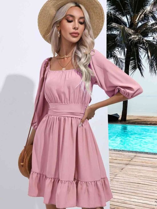 Sofia Square Neck Tie Back Ruffle Hem Mini Peasant Dress | 5 Colors | Poundton