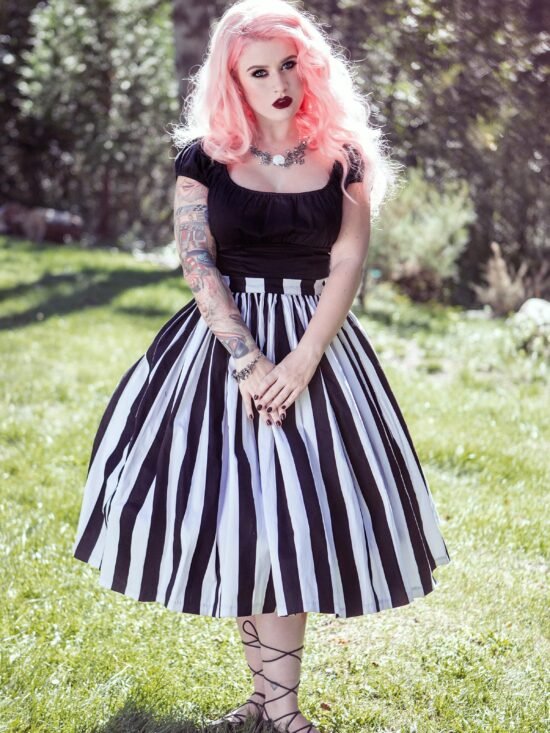 Bella Vintage Gathered Swing Skirt in Black and White Mark Stripe Cotton Sateen | Pinup Couture