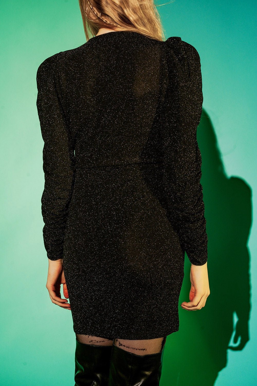 Nells Mini V Neck Dress in Solid Black Lurex Knit | Q2 - Image 3