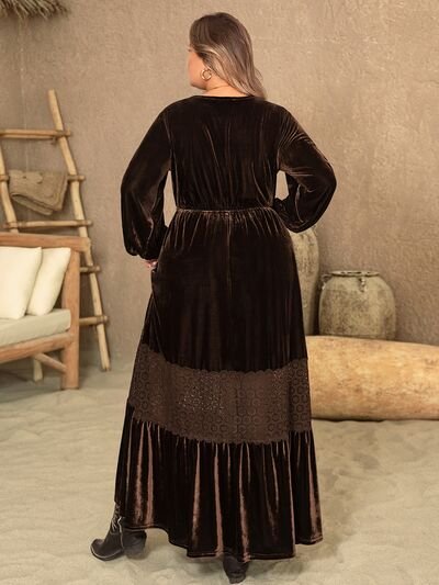 Anya Plus Size V-Neck Balloon Sleeve Maxi Dress in Chocolate Brown Velvet | Poundton - Image 3