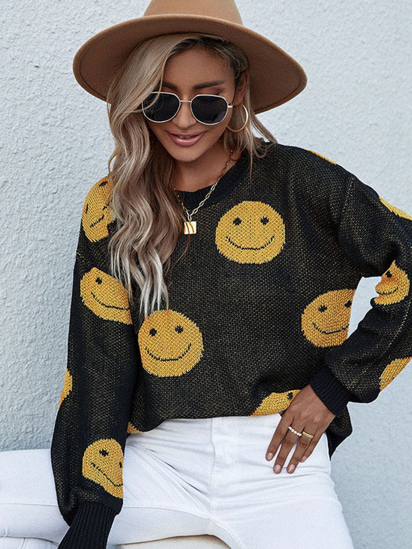 Have A Nice Day Smiley Face Black and Yellow Knit Sweater - Image 2