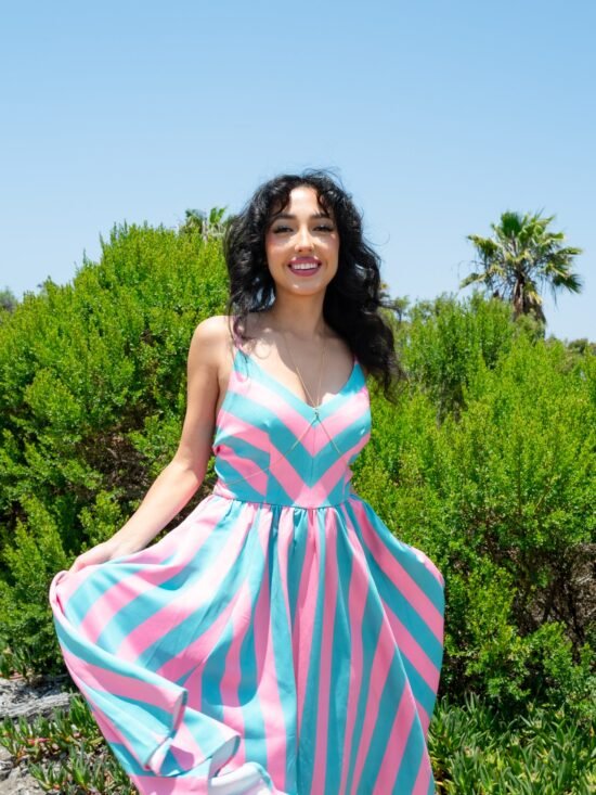 Amalie Ballerina 70's Style Swing Dress in Kenergy Mark Stripe Crepe | Pinup Couture - PREORDER