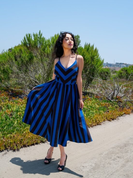 Amalie Ballerina 70's Style Swing Dress in Nevermore Mark Stripe Crepe | Pinup Couture - PREORDER