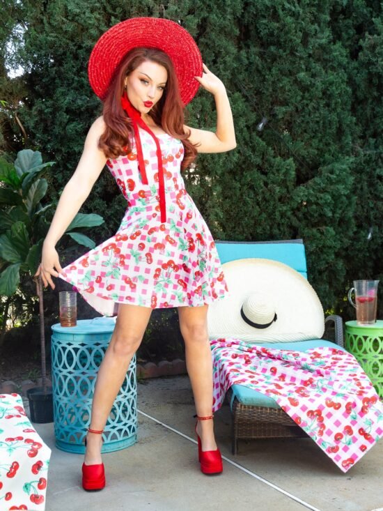 Frenchie Beach Coverup Swim Skater Skirt in Pink Gingham Cherry Girl | Pinup Couture Swim