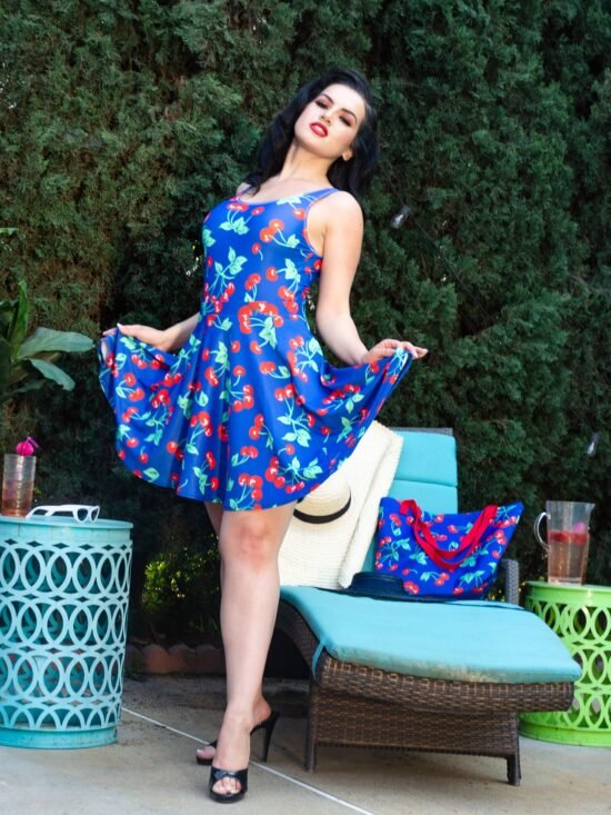 Frenchie Beach Coverup Swim Skater Skirt in Dark Blue Cherry Girl | Pinup Couture Swim