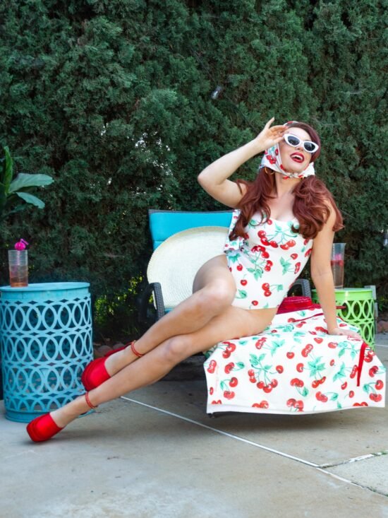Cyndi Antique Ivory Cherry Girl Bandana Scarf | Pinup Couture Relaxed