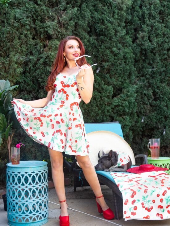 Frenchie Beach Coverup Swim Skater Skirt in Antique Ivory Cherry Girl | Pinup Couture Swim