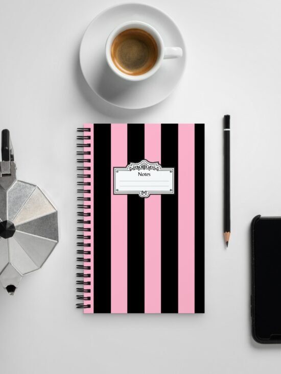Pink & Black Mark Stripe 8 x 5 Spiral Notebook | Pinup Couture Home