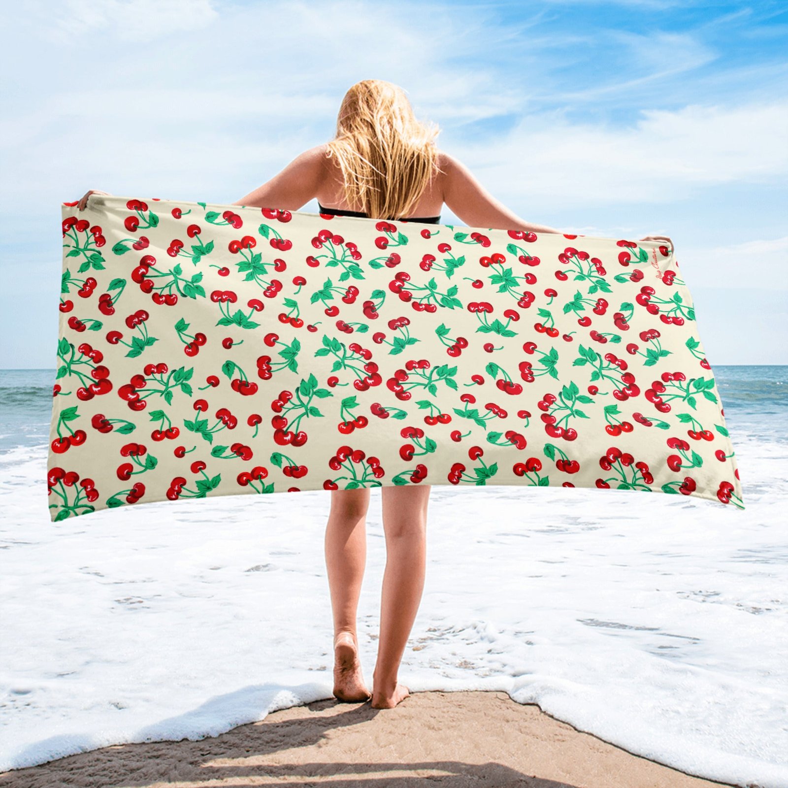 Arden Antique Ivory Cherry Girl Beach & Bath Towel | Pinup Couture Home - Image 2