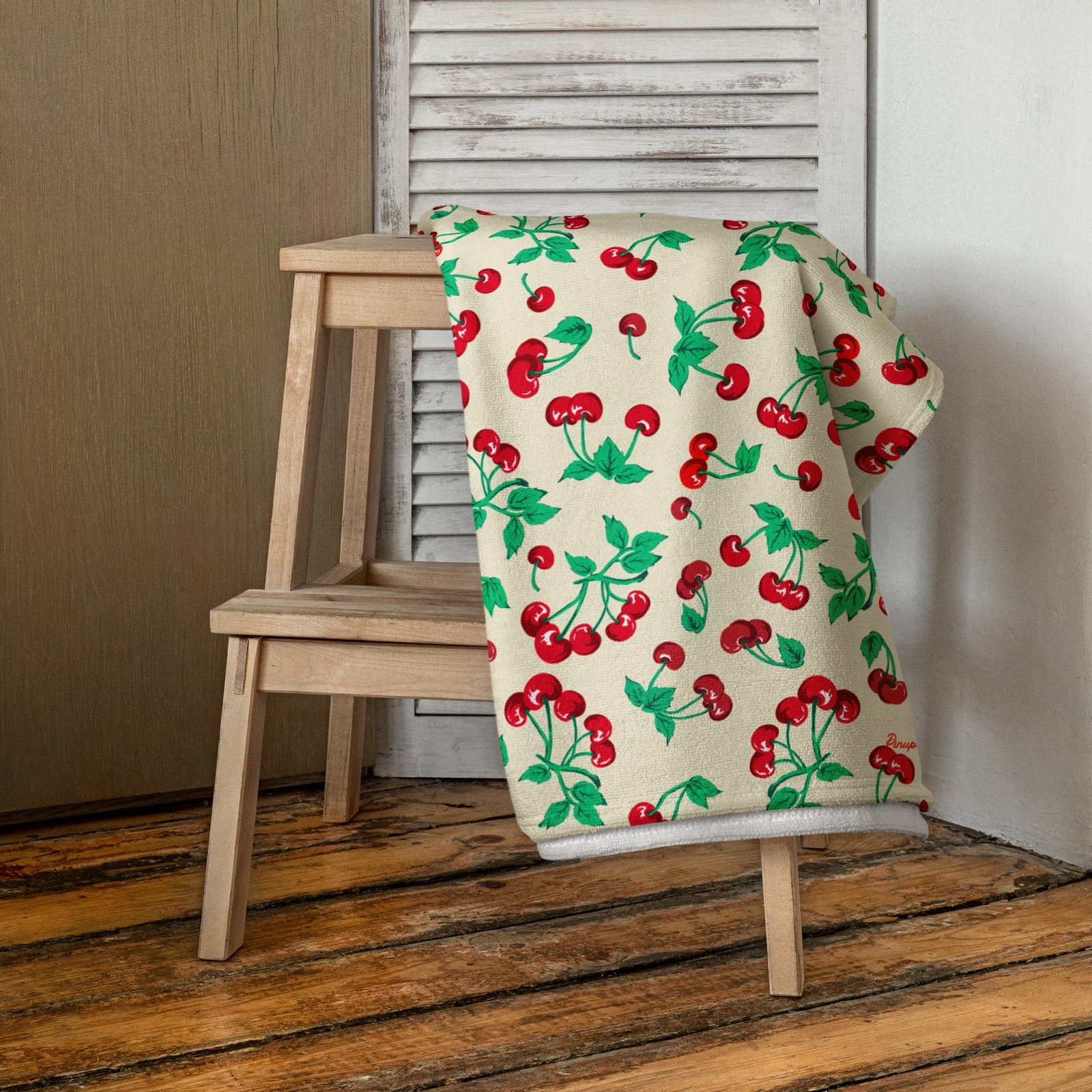 Arden Antique Ivory Cherry Girl Beach & Bath Towel | Pinup Couture Home - Image 4