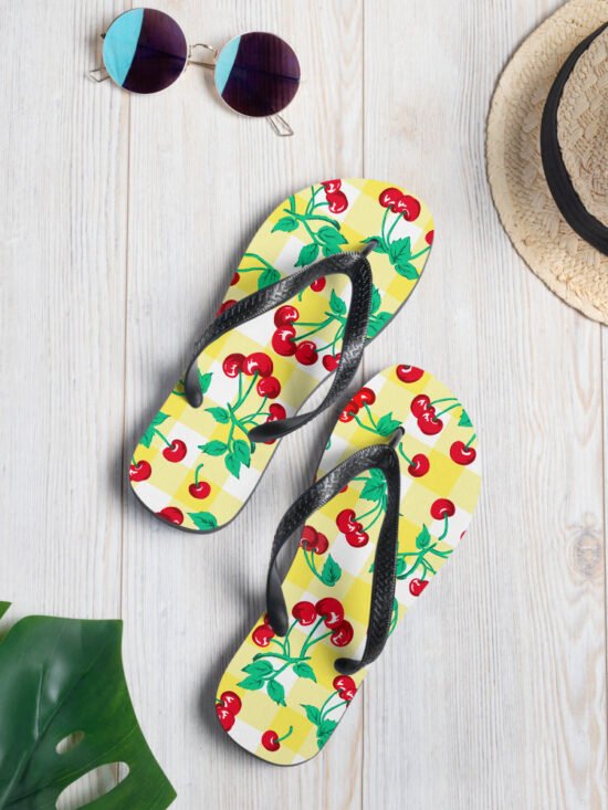 Amie Thong Flip-Flop Beach Sandals in Yellow Gingham Cherry Girl | Pinup Couture Relaxed