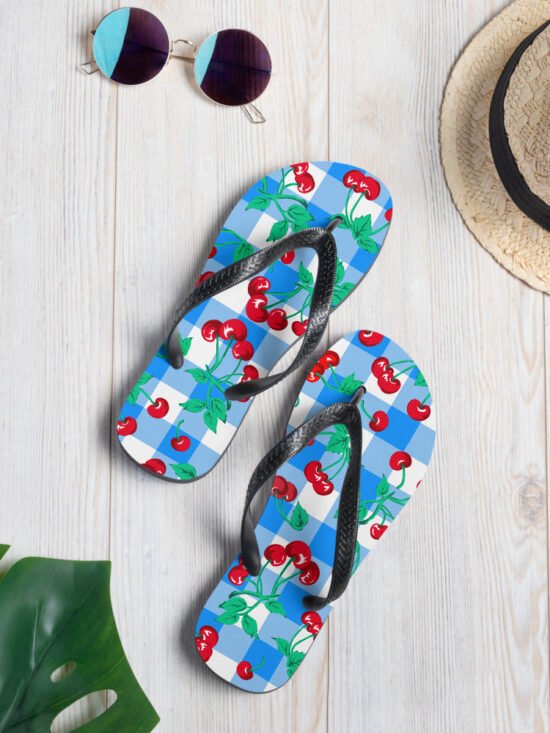 Amie Thong Flip-Flop Beach Sandals in Cherry Girl Blue Gingham | Pinup Couture Relaxed