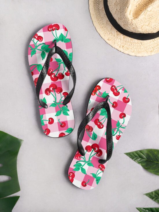Amie Thong Flip-Flop Beach Sandals in Pink Gingham Cherry Girl | Pinup Couture Relaxed