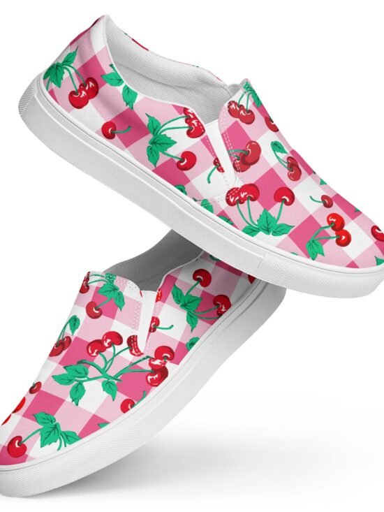 Pink Gingham Cherry Girl Women's Canvas Slip-on Deck Shoes | Pinup Couture Relaxed