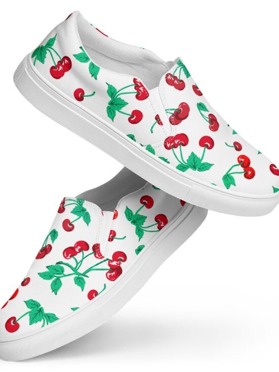 White Chocolate Cherry Print Women's Canvas Slip-On Deck Shoes | Pinup Couture Relaxed