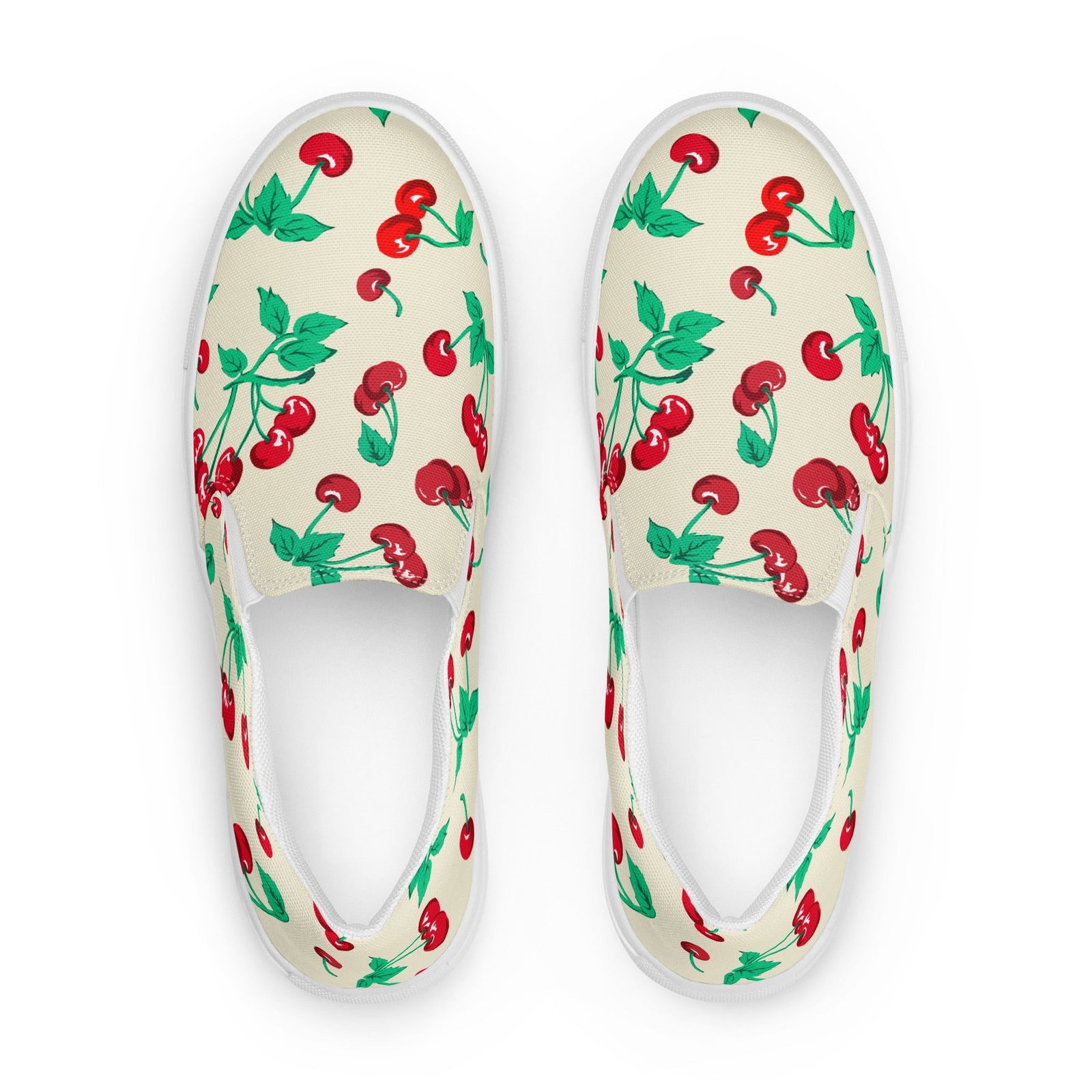 Antique Ivory Cherry Girl Women's Canvas Slip-On Flat Deck Shoes | Pinup Couture Relaxed - Image 6
