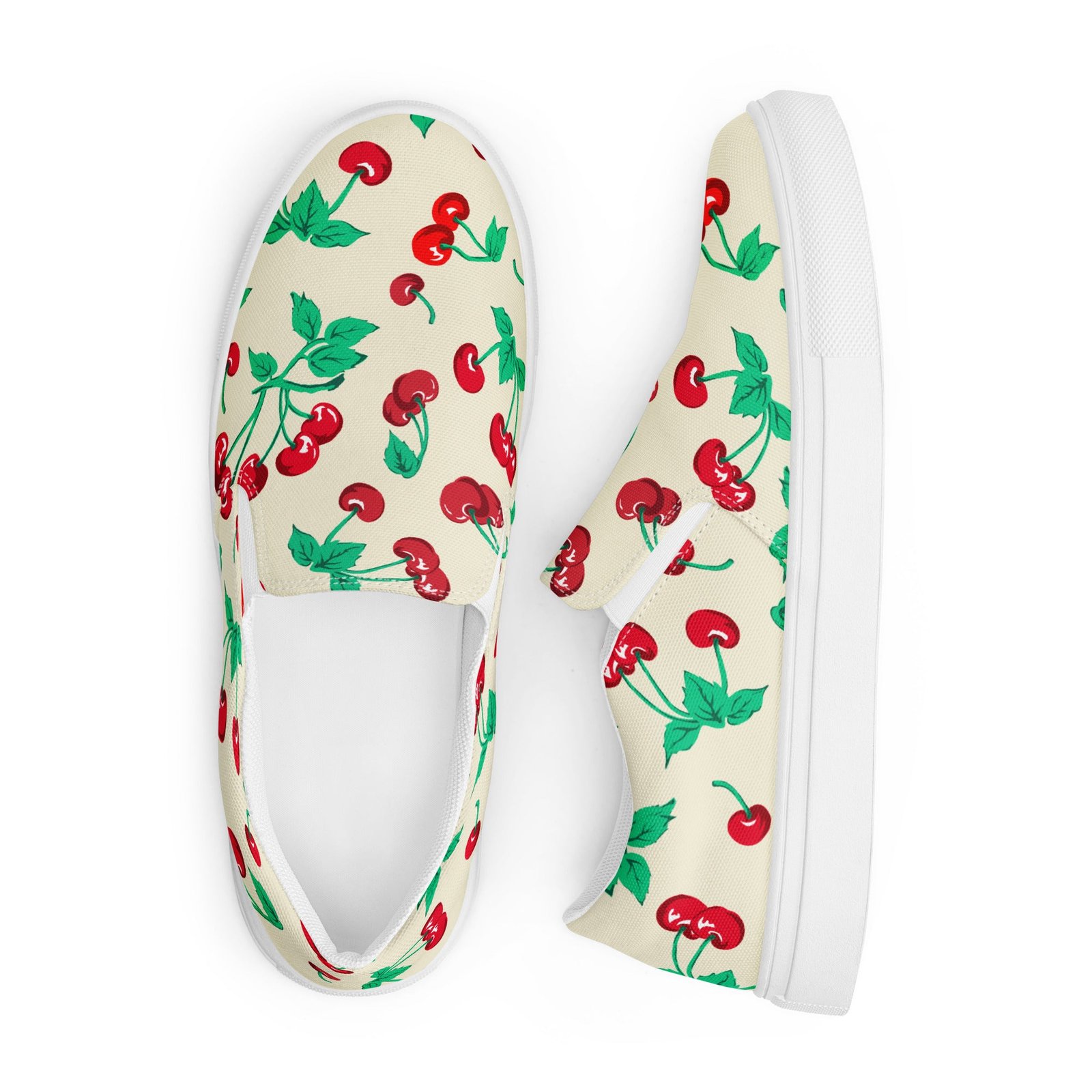 Antique Ivory Cherry Girl Women's Canvas Slip-On Flat Deck Shoes | Pinup Couture Relaxed - Image 3