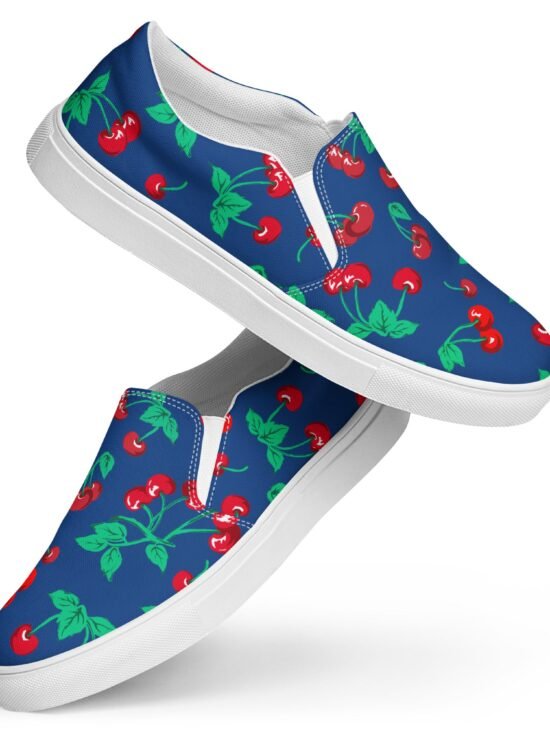 Dark Blue Cherry Girl Cherry Print Women's Canvas Slip-On Deck Shoes | Pinup Couture Relaxed