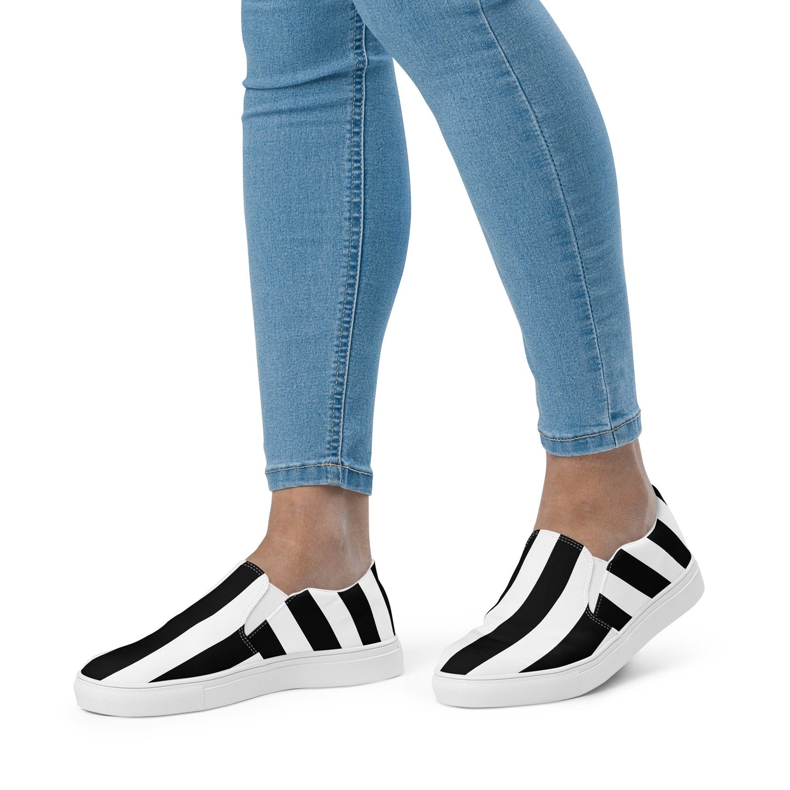 Black & White Mark Stripe Women's Canvas Slip-On Flat Deck Shoe | Pinup Couture Relaxed - Image 3