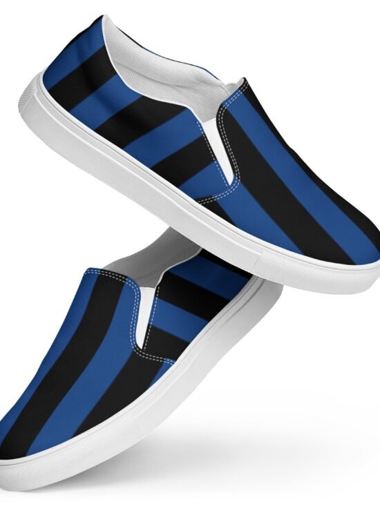 Nevermore Blue & Black Mark Stripe Women's Canvas Slip-On Flat Deck Shoe | Dorothy Shoes