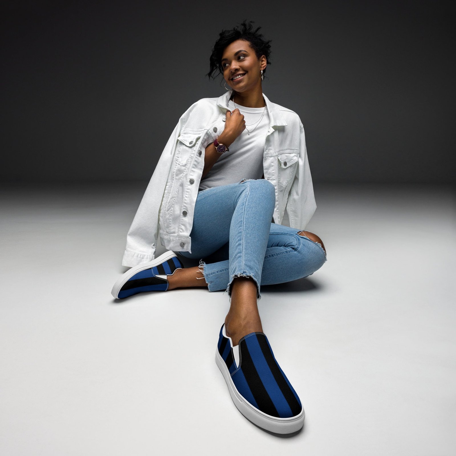 Nevermore Blue & Black Mark Stripe Women's Canvas Slip-On Flat Deck Shoe | Dorothy Shoes - Image 6