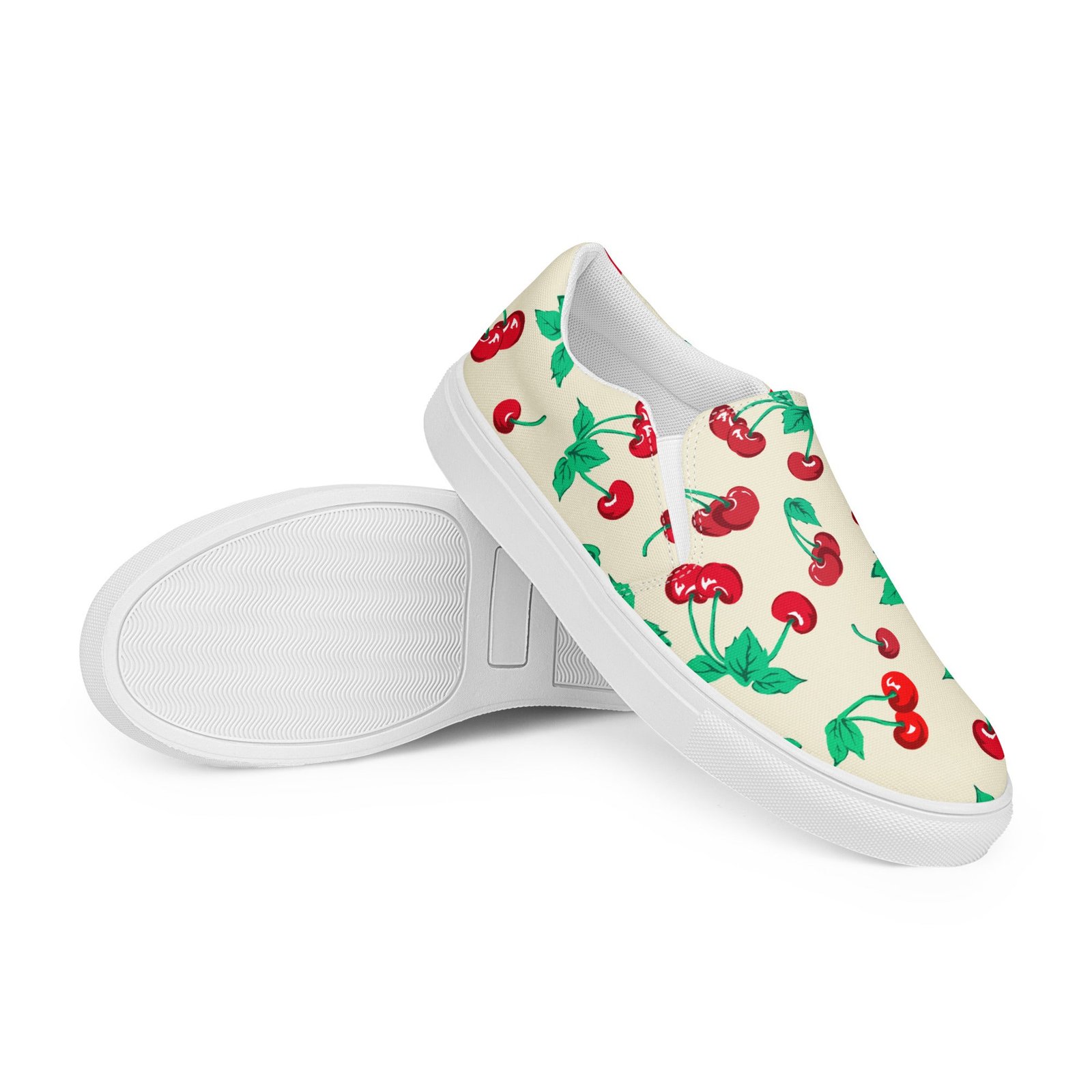 Antique Ivory Cherry Girl Women's Canvas Slip-On Flat Deck Shoes | Pinup Couture Relaxed - Image 8